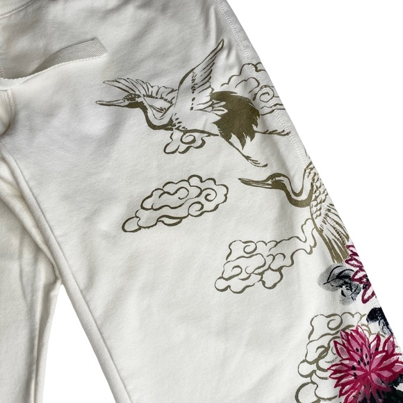 HTF: Lucky ☘︎︎ Asian Crane Tattoo Watercolor Floral Cropped Sweatpants ☘︎︎ White - Picture 7 of 15